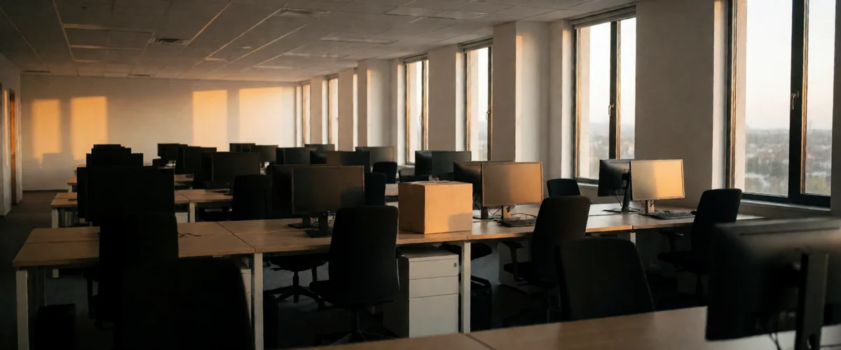 Empty open-plan corporate office floor in the evening, rows of unoccupied desks, chairs and monitors, a single cardboard moving box on one desk, warm low sunset light through tall windows