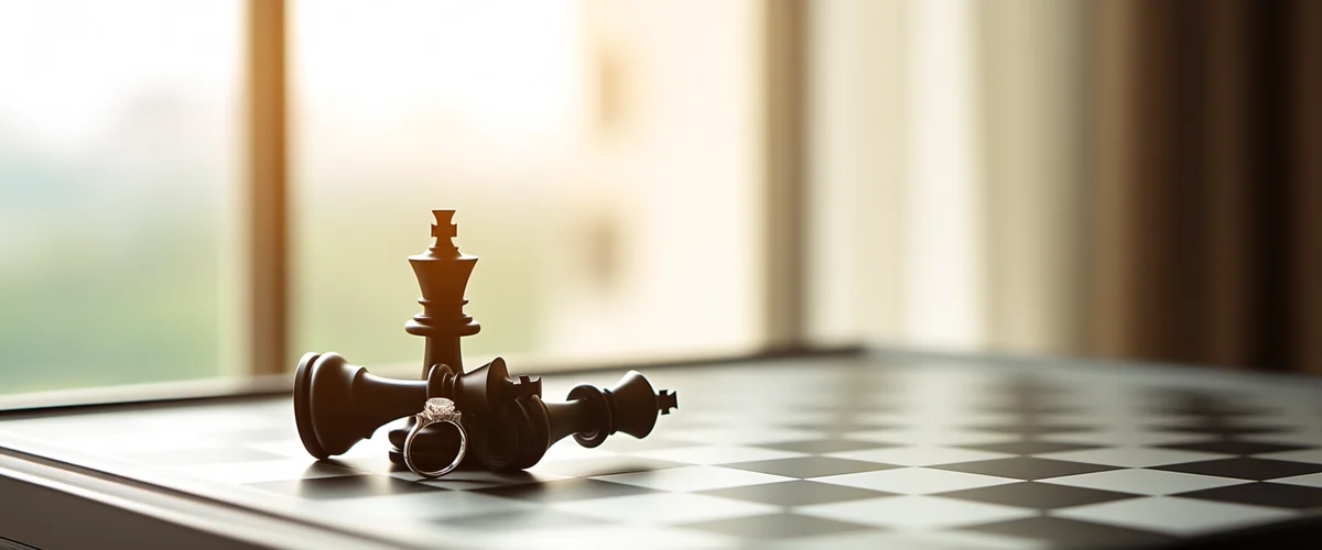 Close-up of a chessboard with an upright king beside a toppled queen and bishop, a diamond ring in the foreground, bright blurred window behind
