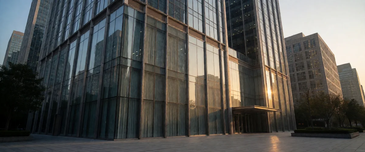 A glass curtain-wall office tower photographed from an empty plaza at golden hour, low sunlight glinting in its glass facade