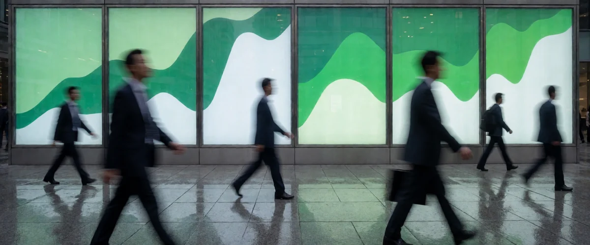 A financial plaza at market opening, blurred pedestrians before a wall of large display panels glowing green with abstract unlabeled chart shapes, reflections on wet granite.
