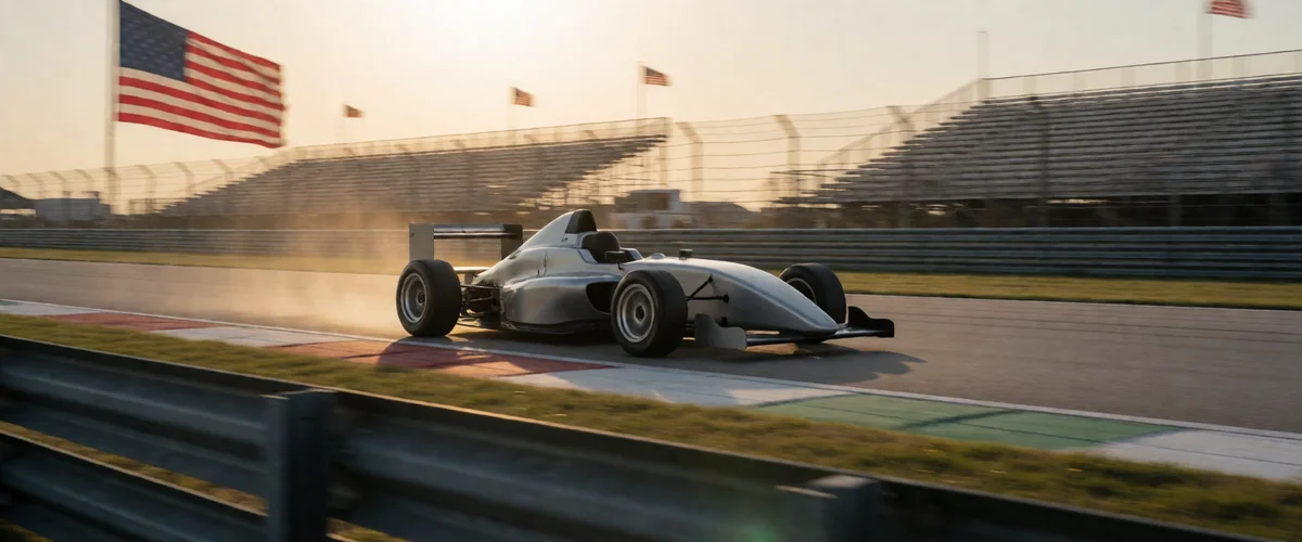 A plain silver open-wheel racing car with no visible branding speeds along a circuit straight at golden hour with motion blur, empty grandstands and American flags behind a catch fence, red-and-white curbing and a guardrail in the foreground