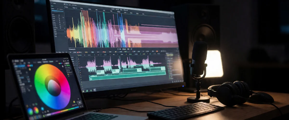 An editor's desk in a darkened studio, a large display glowing with an abstract color timeline, a color-grading wheel on a second screen, headphones and a microphone at hand.