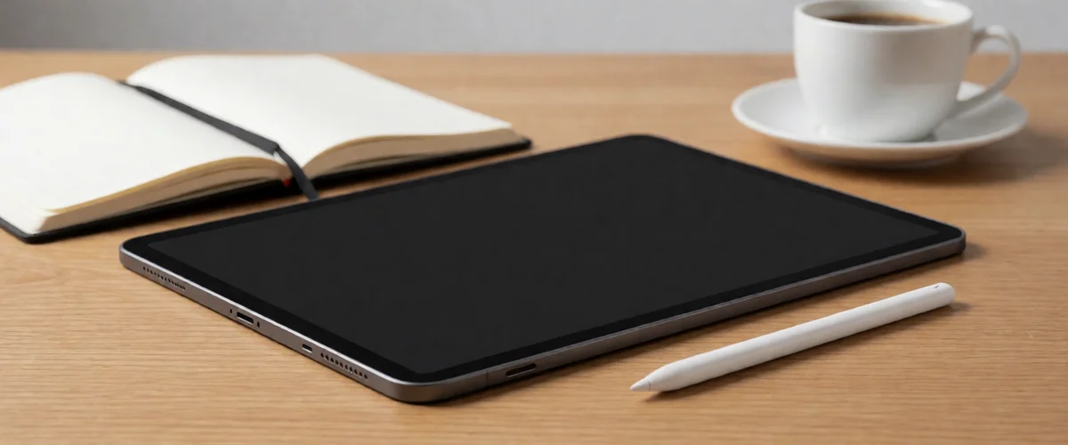 A small tablet with a dark screen lying on a light wood desk beside a white stylus, an open notebook with a red ribbon marker and a cup of coffee