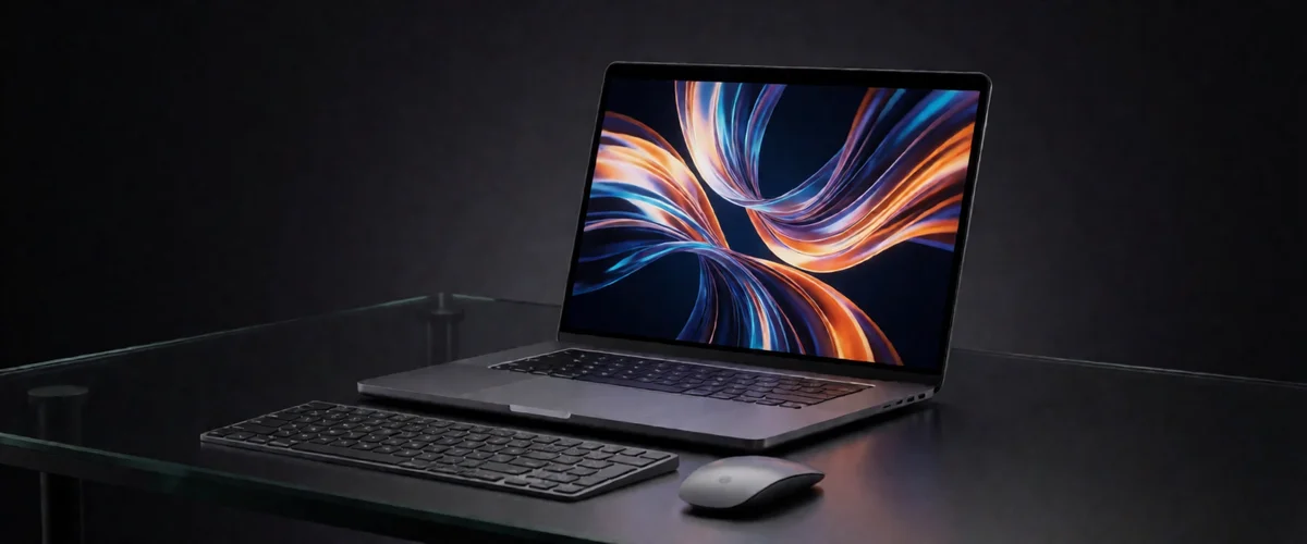 A dark aluminum laptop open on a black studio desk, screen glowing with abstract ribbons of colored light, soft rim lighting, no logos.