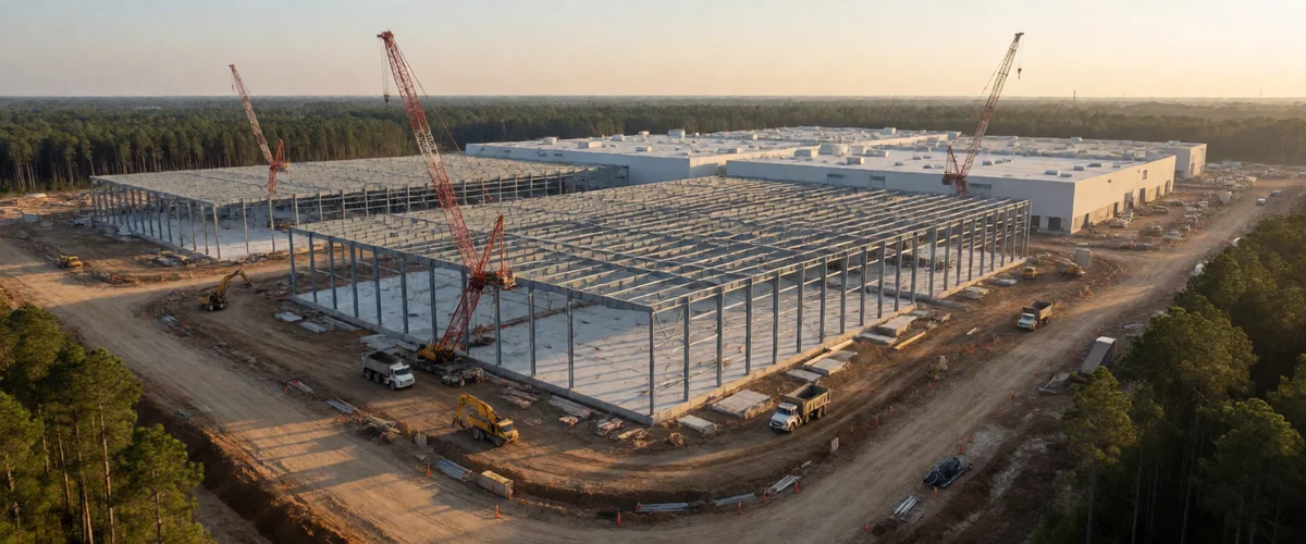 Aerial view at golden hour of a large steel-frame factory under construction, red lattice cranes, dump trucks and an excavator on dirt roads, a completed white warehouse with rooftop air handlers alongside, pine forest all around