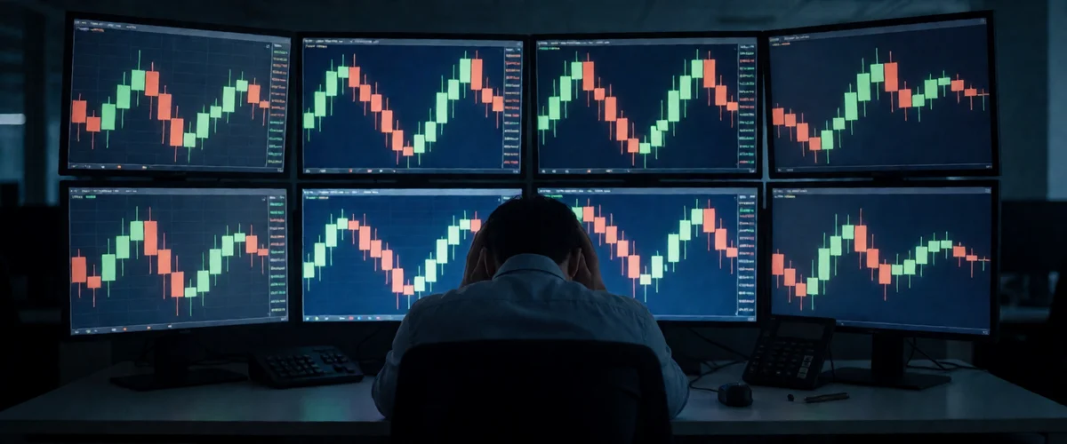 A darkened trading desk at night, eight monitors glowing with green and red candlestick charts, a lone figure seen from behind with hands on head, lit only by the screens.