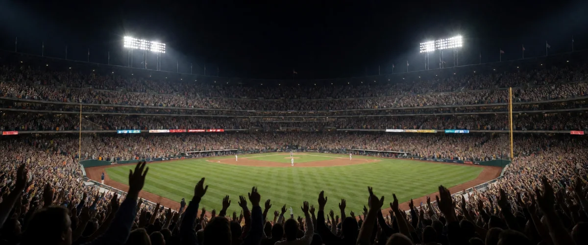 Packed baseball stadium at night seen from behind home plate, crowd silhouettes under bright white floodlights, green diamond with bases visible