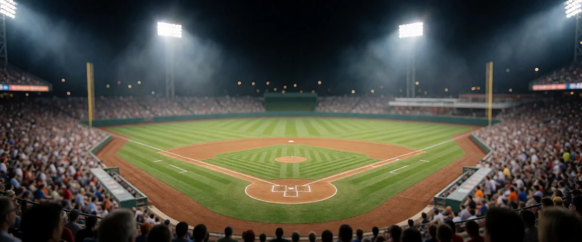 A night baseball stadium viewed from behind home plate, floodlight beams cutting through haze over a brightly lit empty diamond and packed stands