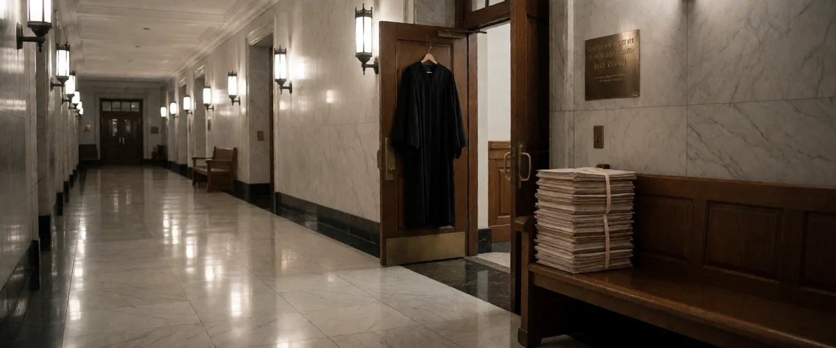 A marble courthouse corridor at night, wall sconces reflected in the floor, a ribbon-bound stack of court papers on a wooden bench, a robe in a doorway.