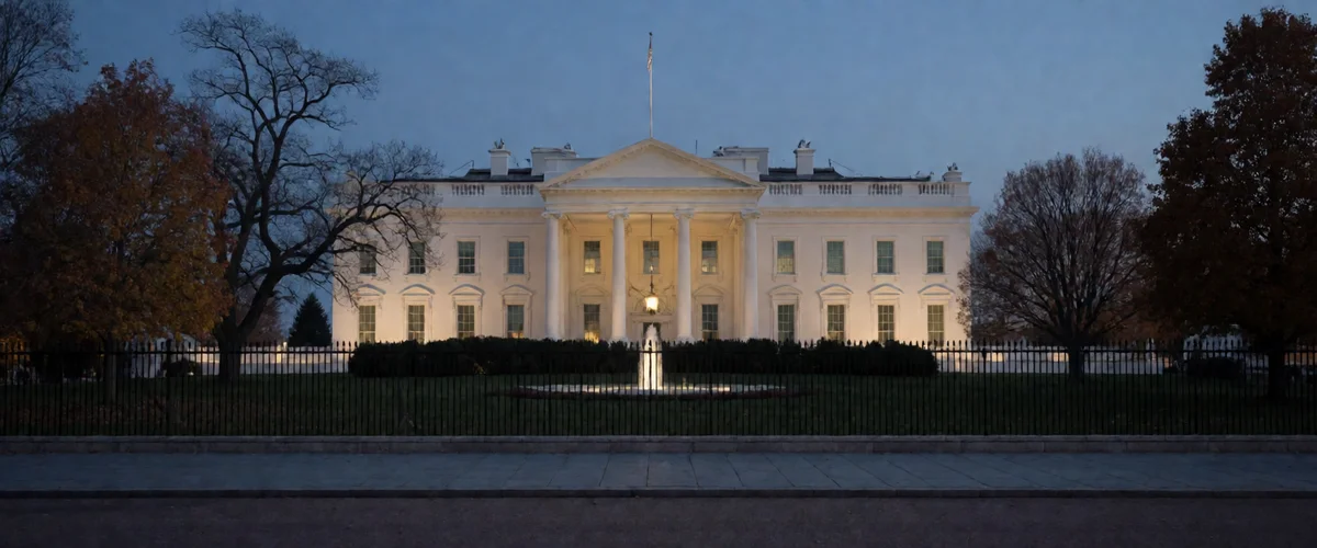 The White House north facade floodlit at dusk, lit windows, a glowing fountain on the lawn, dark fence and autumn trees against a deep blue sky