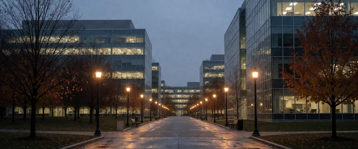 A modern federal research campus at dusk, glass office buildings with a few lit windows, empty walkways, amber lamps and bare autumn trees reflected in wet pavement.
