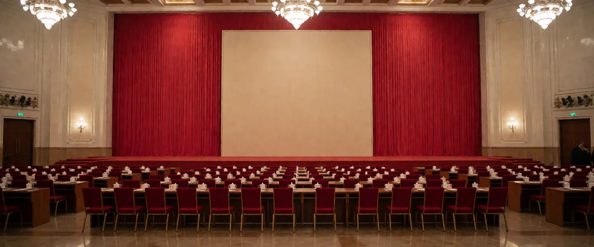 Interior of a vast state conference hall prepared for a meeting, long rows of wooden tables with red chairs and white cups facing a stage draped in crimson curtains behind a blank cream panel, crystal chandeliers, nearly empty