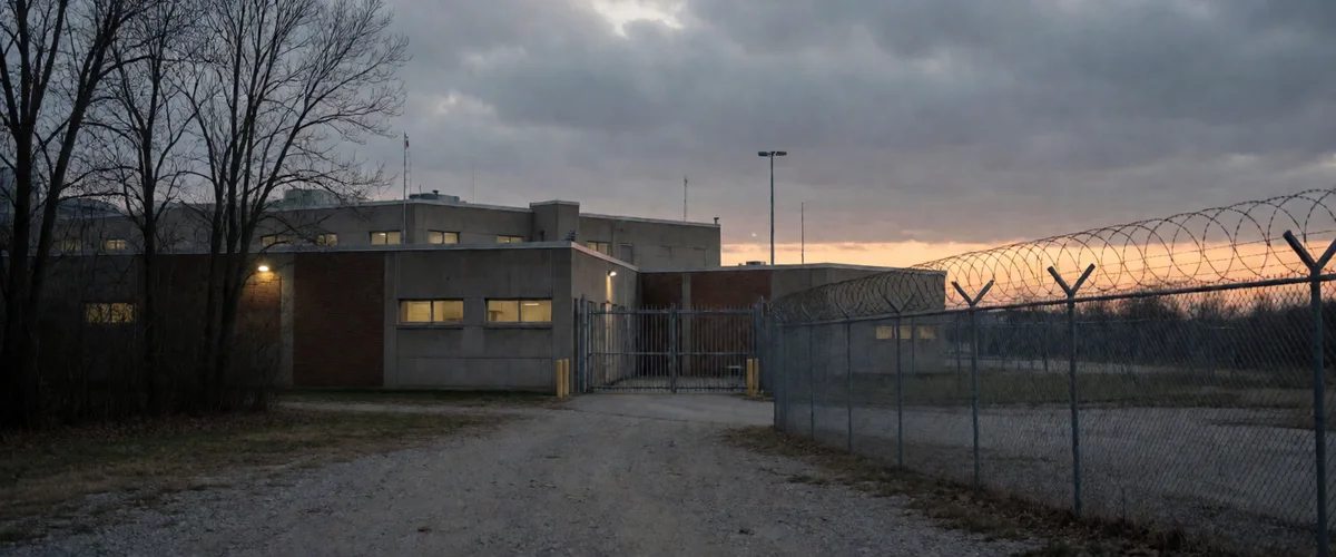 A state prison exterior at dusk seen over a coiled razor-wire fence, with small windows lit from within, a closed steel gate, bare trees and an empty gravel yard under an overcast sky.