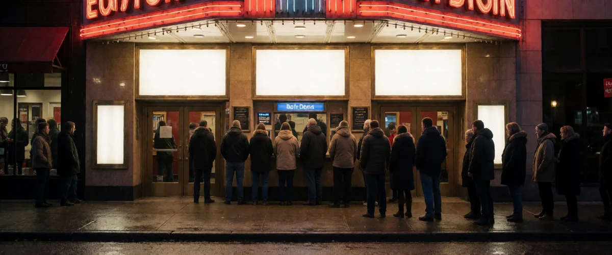 Night exterior of a cinema, a line of moviegoers in winter coats seen from behind before blank glowing marquee panels under a red neon border, a small box-office window, lights reflected on wet pavement