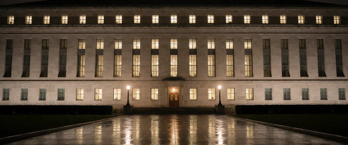 A symmetrical stone government building at night seen head-on, its windows glowing with warm light, a lit central doorway flanked by two globe lamps and a wet plaza reflecting the lights