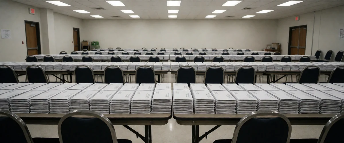 An empty hall with rows of folding tables stacked with papers under fluorescent ceiling lights, black chairs tucked in, red exit signs glowing at either end