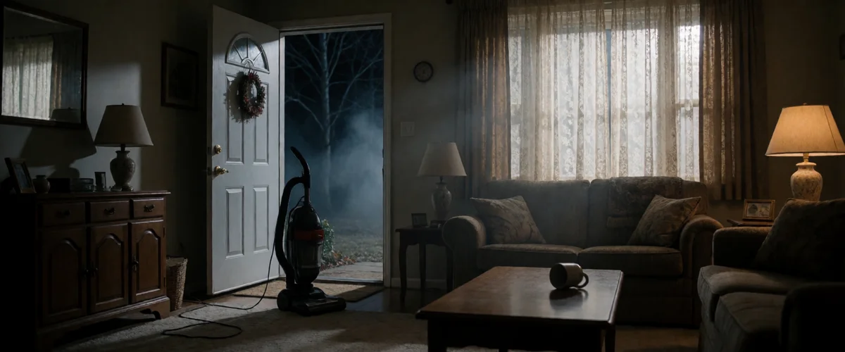 A suburban living room in early morning gloom with an upright vacuum cleaner frozen mid-task, its cord stretched toward an open front door onto a dark misty yard, an overturned mug on a coffee table.
