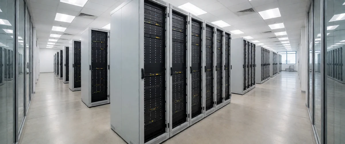 A brightly lit data-center aisle lined with rows of grey server racks with black front panels studded with small status LEDs, glass partition walls reflecting the ceiling lights, polished floor under cool white light, no people.