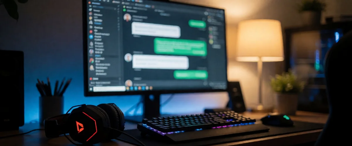 A dim home office with a desk computer glowing with blurred chat bubbles in soft focus, a headset beside a mechanical keyboard, blue monitor light against warm lamp glow.