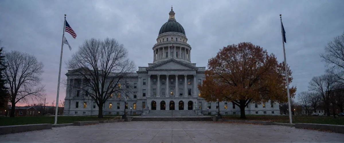 Neoclassical state capitol building with a central dome at blue dusk, bare autumn trees and flagpoles in front, empty granite plaza, overcast twilight sky