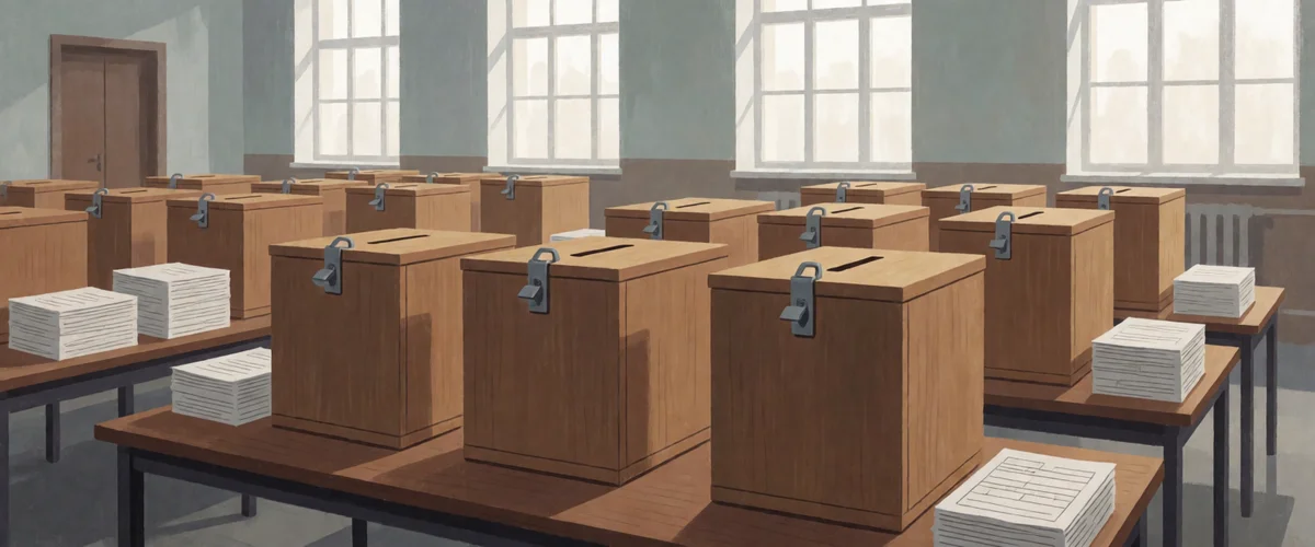 Rows of empty wooden ballot boxes with top slots and metal latches, with stacks of blank paper ballots, on long tables in an empty institutional room lit by tall multi-paned windows, no people