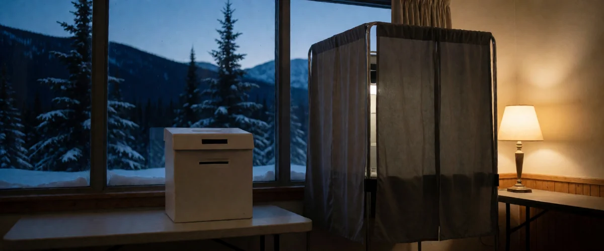 A curtained voting booth and a plain ballot drop box on a table beside a window in an empty community hall at twilight, with snow-dusted spruce trees and dark mountains beyond the glass.