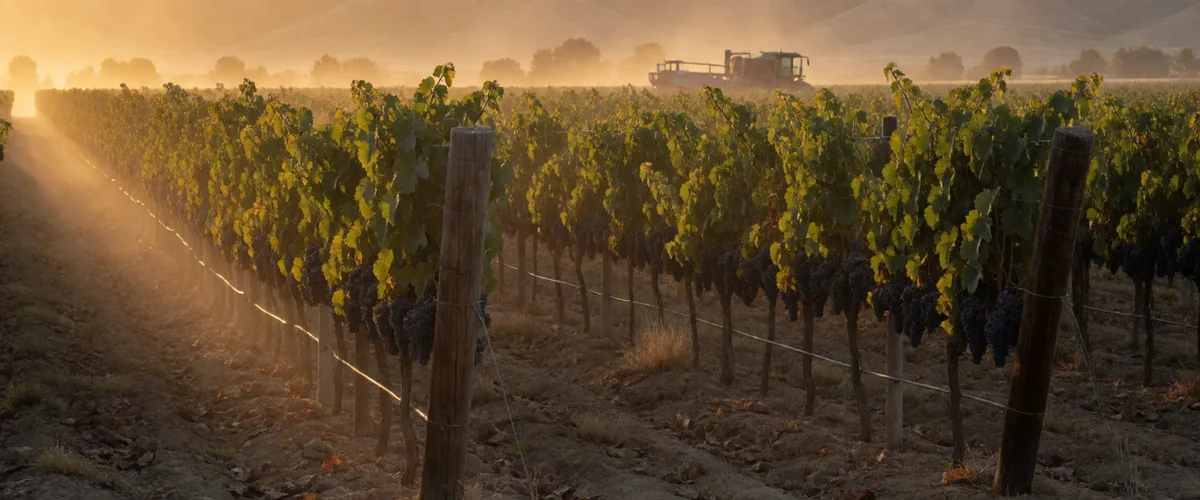 Rows of grape trellises heavy with fruit in a California vineyard at golden hour, dust glowing in low sunlight, farm machinery silhouetted.