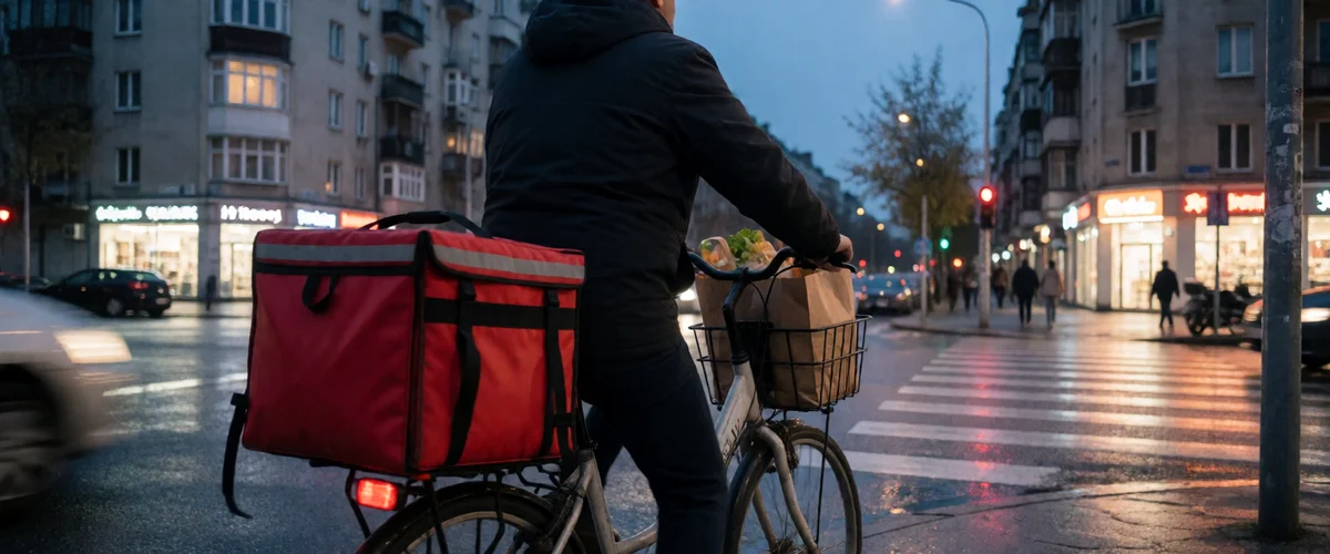 A delivery courier on a bicycle seen from behind at blue hour with a plain red insulated bag on the rear rack and paper grocery bags in the basket, wet city pavement reflecting storefront lights.