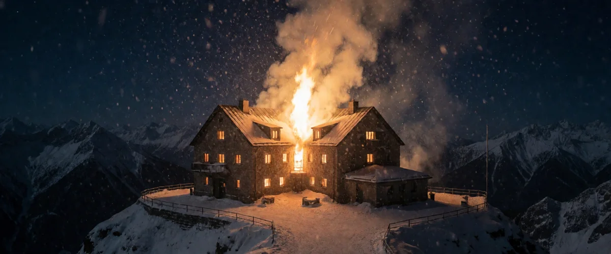 Large stone alpine lodge on a snowy mountain summit fully engulfed in flames at night, orange firelight and thick smoke rising, falling snow catching the glow, dark mountain silhouettes around