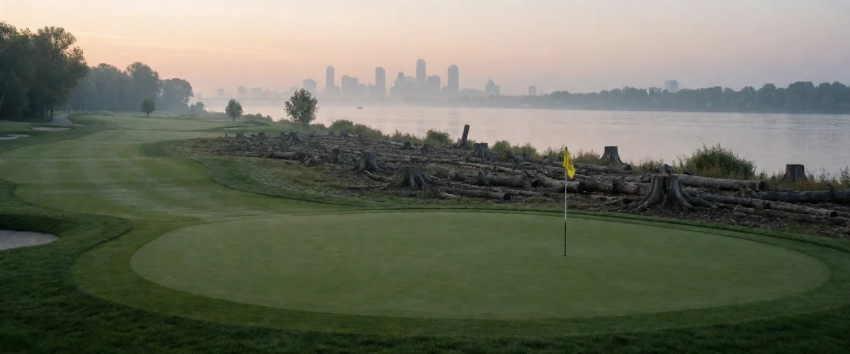 A riverside golf course at first light, a putting green with flagstick in front, a clearing of tree stumps beyond the fairway, and a faint skyline across misty water.