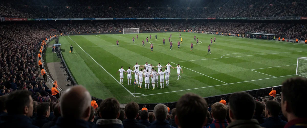 Night football match seen from the stands over spectators' heads, players in plain white kits celebrating in a linked huddle at the corner flag while opponents in dark red-and-blue striped kits scatter across the floodlit pitch