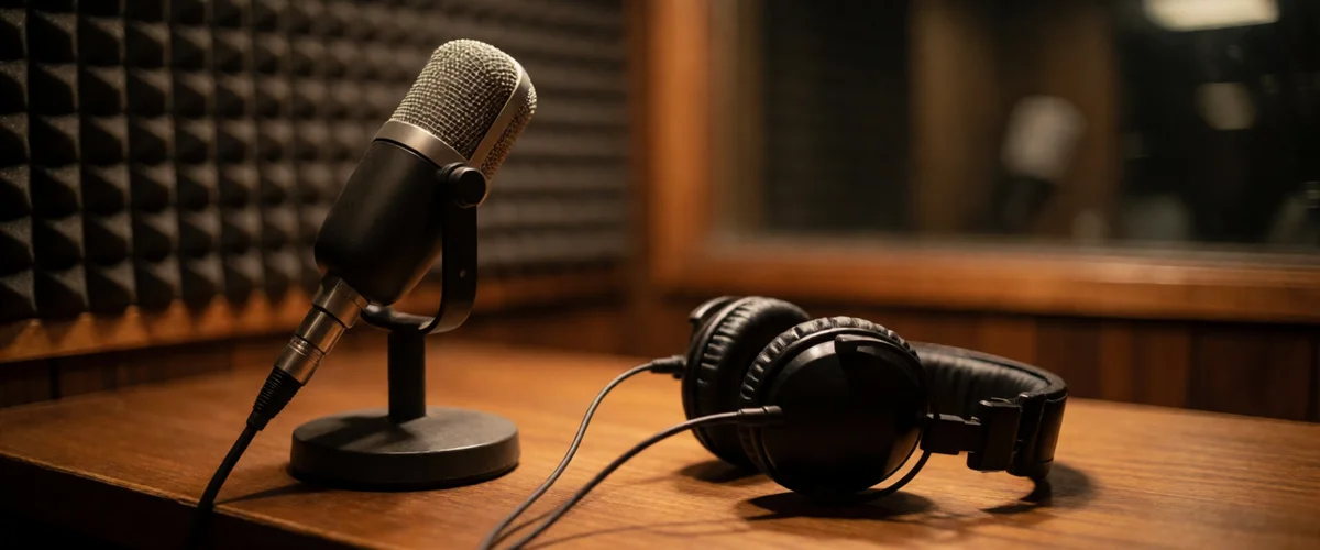 A studio microphone on a stand and black over-ear headphones resting on a wooden desk before dark acoustic foam panels in low warm light
