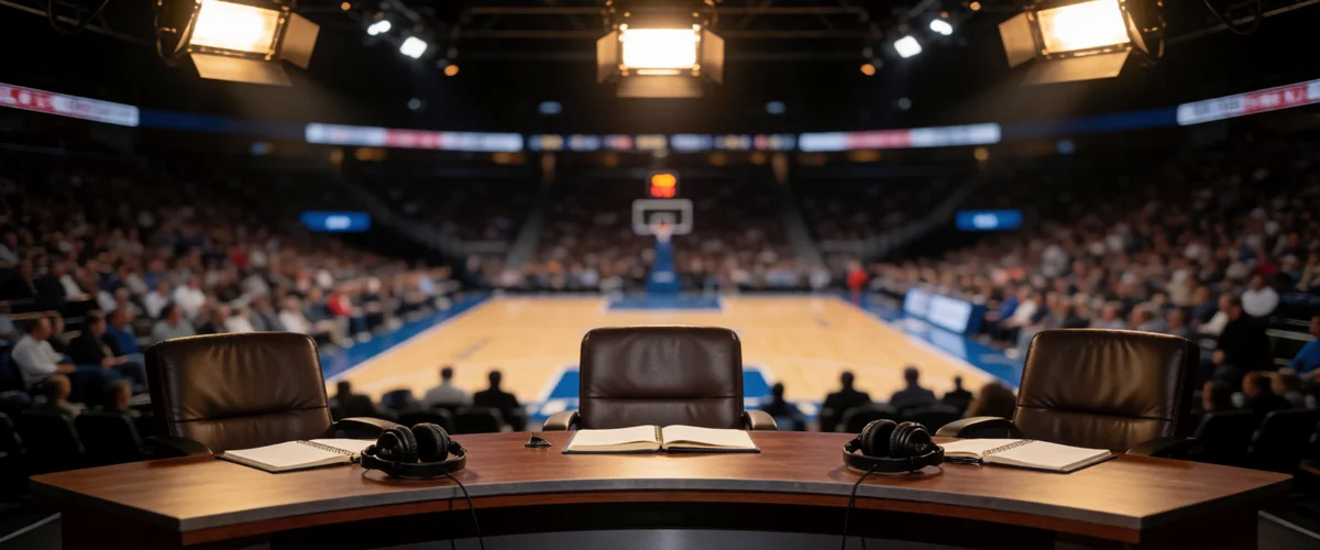 A television studio with three empty leather chairs behind a curved broadcast desk, headphones and notebooks on it, blurred arena set behind.