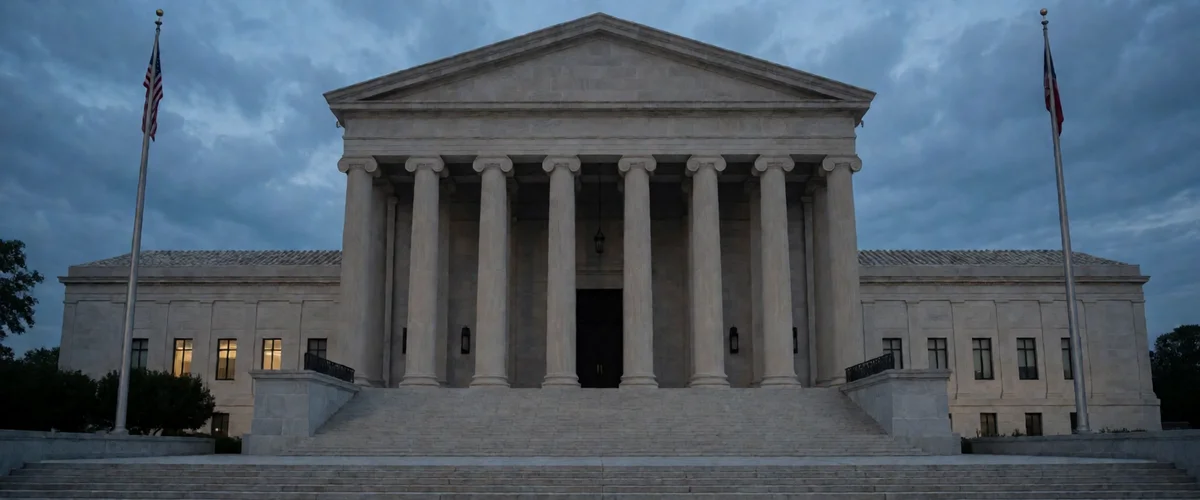 Symmetrical view of a neoclassical courthouse with tall columns and a blank pediment at dusk, wide empty granite steps, two flagpoles, and warm light glowing in windows under a cloudy blue-grey sky