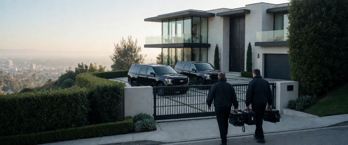 Unmarked black SUVs outside a modern gated mansion on a Beverly Hills hillside at dawn, with agents in dark windbreakers seen from behind carrying equipment cases.
