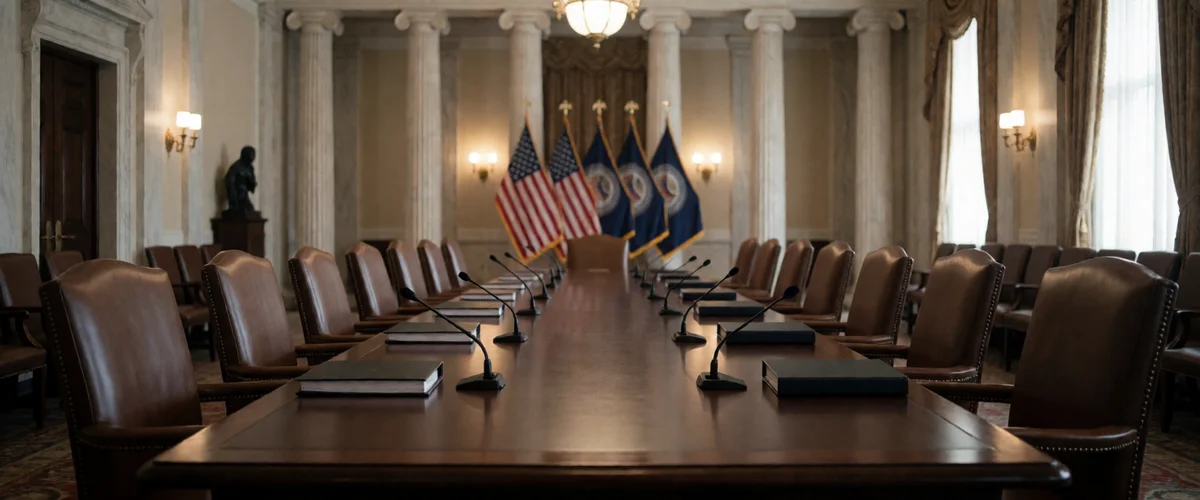 A polished mahogany boardroom table with empty leather chairs, microphones and closed binders, tall columns and flags blurred in the background.