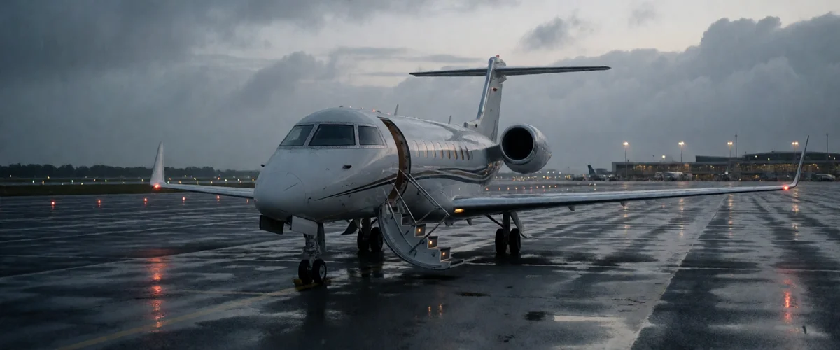 A private jet parked on a rain-slicked airport apron at dusk, boarding stairs folded against its fuselage and runway lights reflected in the tarmac.