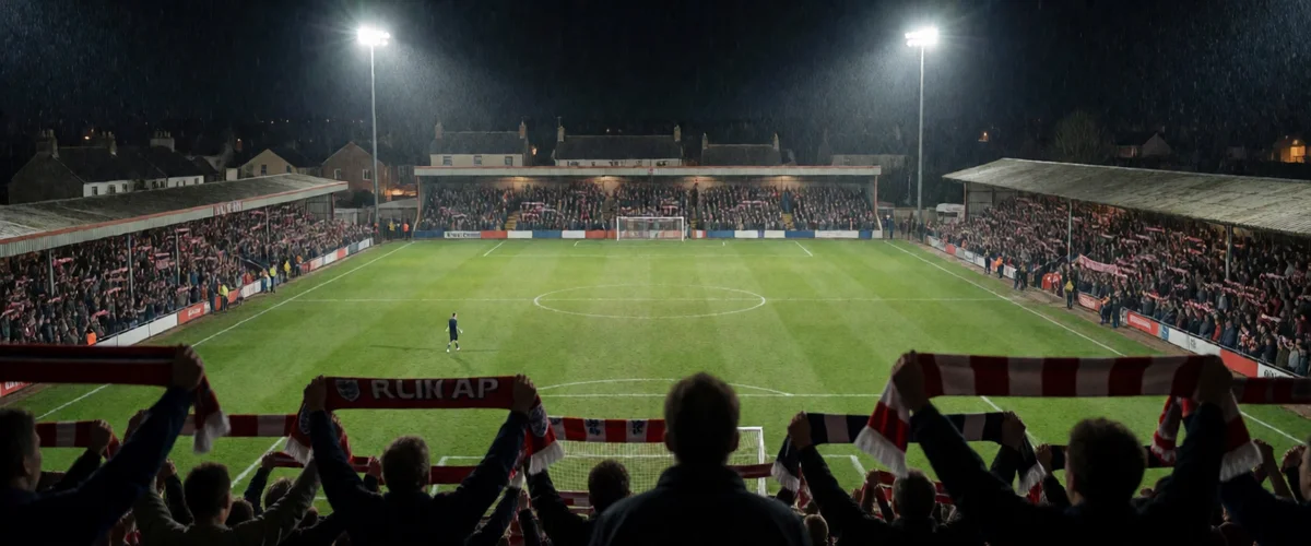 A small English football stadium at night under floodlights, players in dark and light kits seen from behind near a corner flag, packed terraces and a misted roofline.
