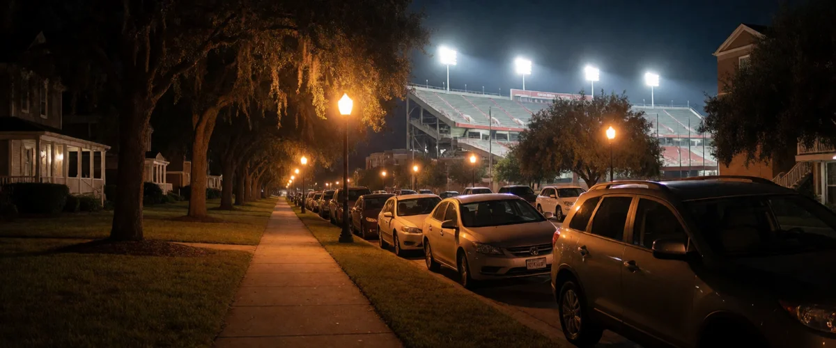 A quiet residential street at night with moss-draped oak trees along a sidewalk on the left, a row of parked cars on the right, and a floodlit stadium with red bleachers glowing in the background, warm orange streetlamps, no people