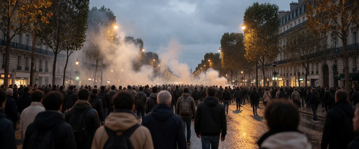 A crowd of people in autumn jackets and backpacks, seen from behind, walking down a wet tree-lined European boulevard at dusk toward a glowing bank of smoke, warm streetlamps and stone buildings lining both sides