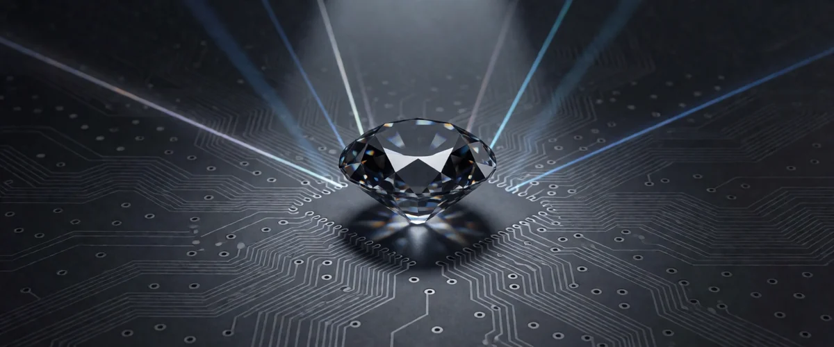 A single faceted dark gemstone resting point-down on a dark circuit-board surface, beams of blue-white light radiating outward from it under a soft overhead spotlight.
