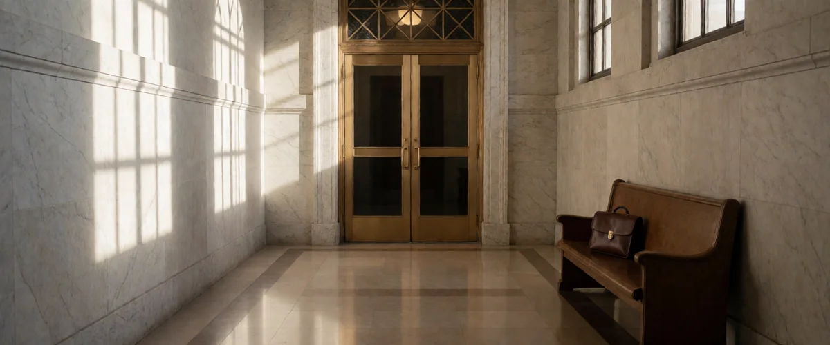 An empty marble corridor of a federal courthouse at dawn, with closed bronze-framed doors, a leather briefcase on a bench and long window shadows.