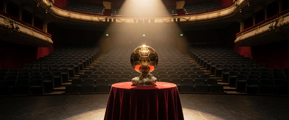 A golden panelled-sphere trophy on a red-draped table under a single spotlight in an empty theatre of dark tiered seats