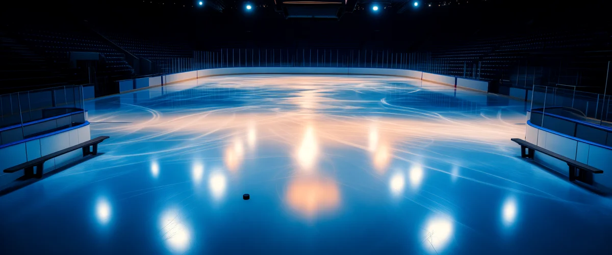 An empty ice hockey arena with a glossy blue ice sheet reflecting overhead lights, a lone puck in the foreground, team benches at either side