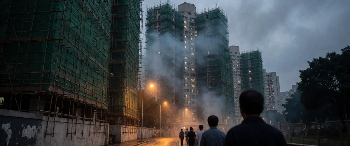 High-rise residential towers wrapped in green scaffolding netting at dusk, thick white smoke billowing in front of lit windows, several people seen from behind on a wet street lit by orange streetlamps.