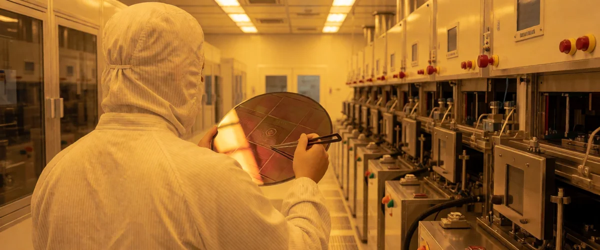 A technician in a white cleanroom suit seen from behind holding a silicon wafer with tweezers under amber light, rows of fabrication tools receding through a semiconductor plant.