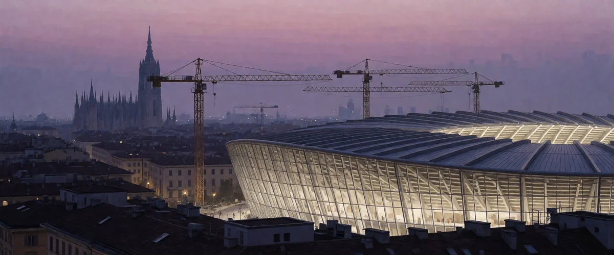 A modern stadium at dusk seen above a Milan rooftop skyline, curved glass facade glowing warm from within, ribbed roof structure, construction cranes silhouetted against a violet twilight sky.