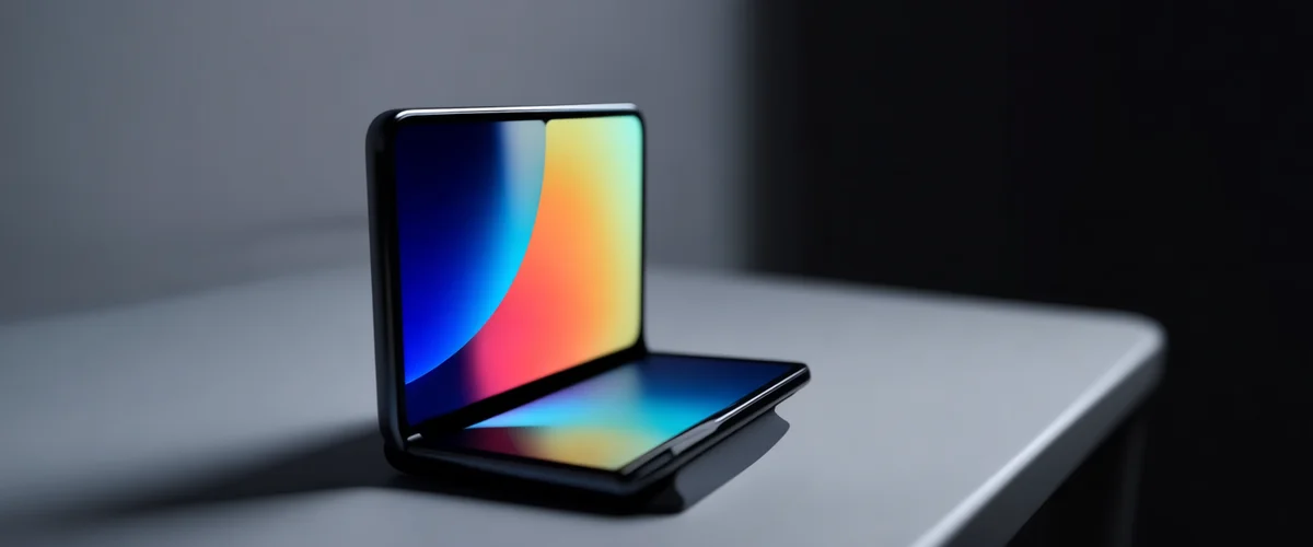Modern foldable smartphone standing half-open on a minimalist studio desk, inner display glowing with an abstract colorful gradient, soft studio lighting, dark neutral background