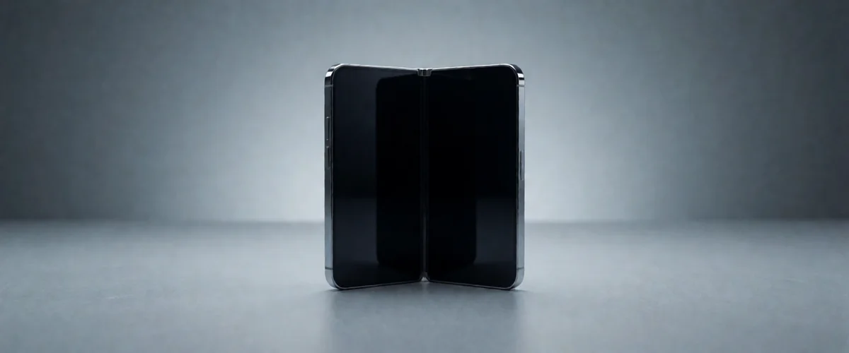 A folded smartphone standing half-open on a matte studio surface, its hinge visible along the fold under soft grey gradient lighting, screens dark.