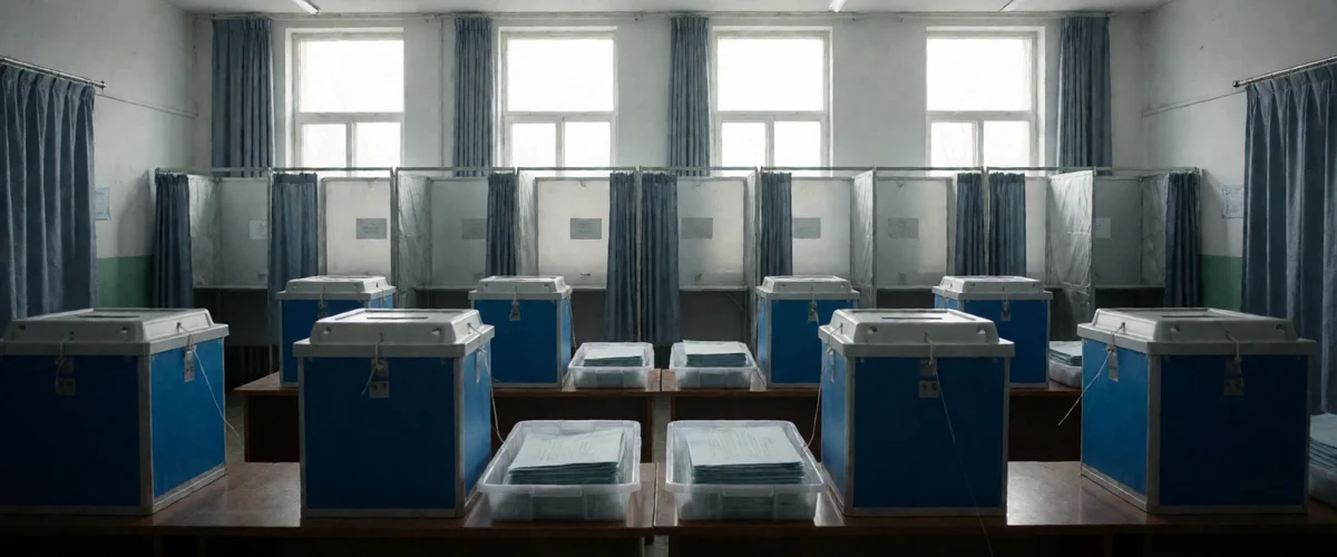 A quiet polling hall after voting, with closed ballot boxes on tables, trays of blank paper ballots and empty booths under tall windows.
